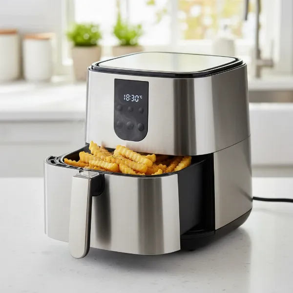 A compact basket air fryer cooking crispy french fries on a kitchen counter.