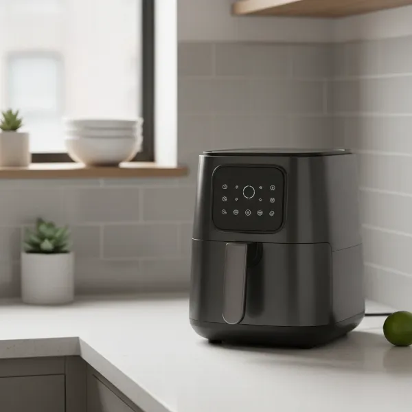 A sleek, compact air fryer on a minimalist kitchen counter in a small apartment.