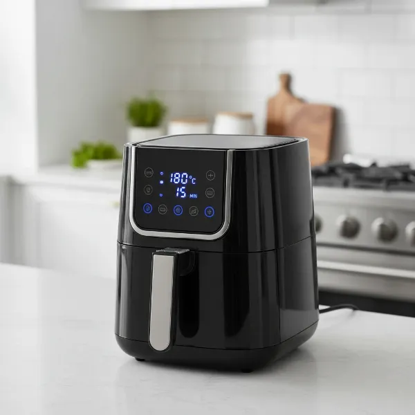 A sleek, compact black basket-style air fryer on a kitchen counter, ready for use.