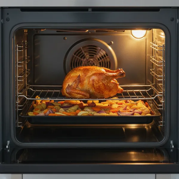A convection oven with multiple racks, roasting a whole chicken and baking vegetables simultaneously.