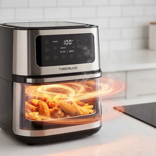 Cosori TurboBlaze air fryer cooking food quickly with hot air technology.