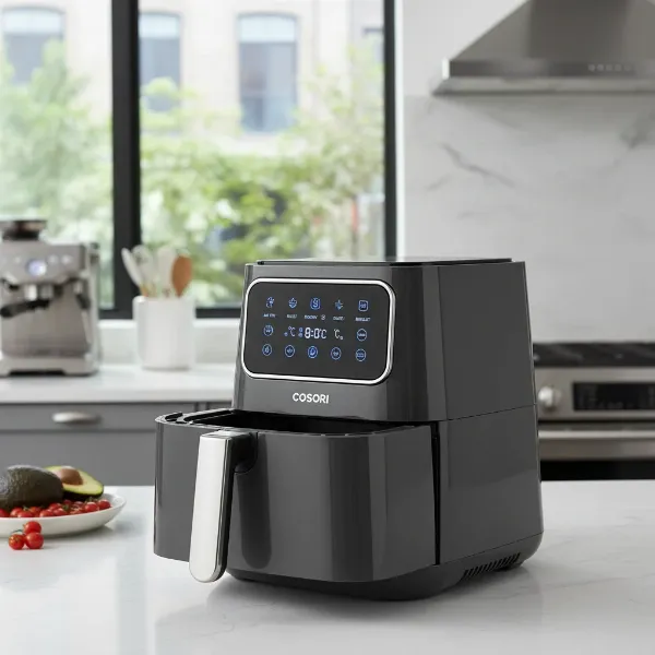 Cosori TurboBlaze air fryer, 6-quart capacity, sleek design, modern kitchen countertop.