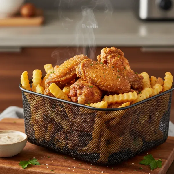 Deliciously crispy air-fried chicken wings and golden french fries served from the Breville oven mesh basket.