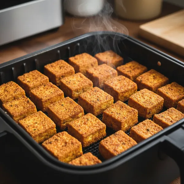 Perfectly golden and crispy air-fried tofu cubes, seasoned and ready for a vegan meal.