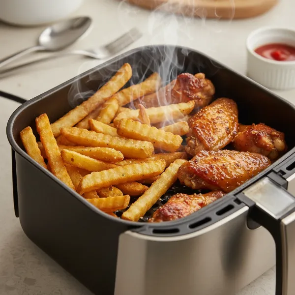 A close-up of crispy French fries and chicken wings cooking in an air fryer basket