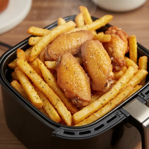 Golden-brown, perfectly crispy French fries and chicken wings spilling from an air fryer basket.