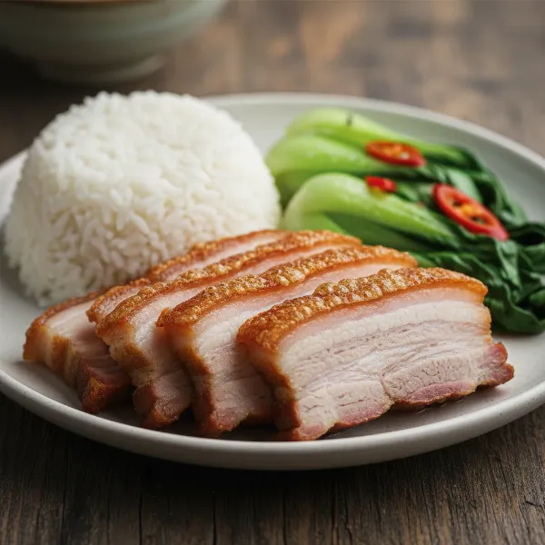 Sliced crispy air fryer pork belly with golden crackling served with rice and vegetables.