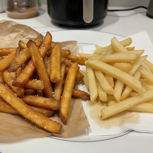 Plate with crispy golden french fries next to soft, pale, undercooked fries from not shaking.