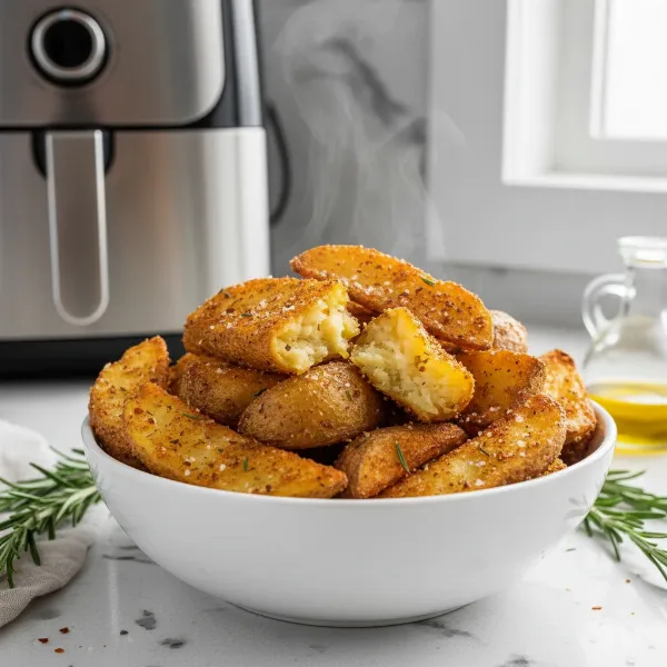 Delicious golden-brown air-fried potato wedges, perfectly crispy and lightly seasoned, served in a clean bowl.