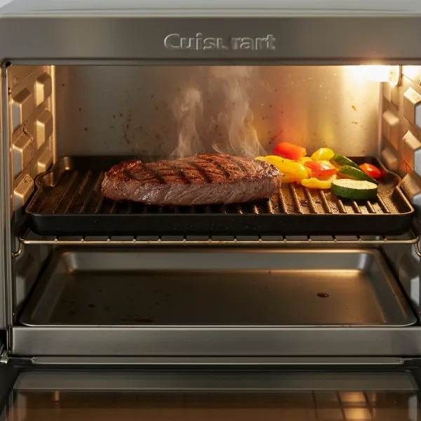 Cuisinart TOA-70 Air Fryer Toaster Oven with grill function, searing steak and vegetables.