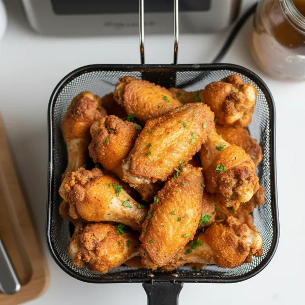 Crispy chicken wings cooked in a Dash Compact Air Fryer, showcasing the golden-brown results.