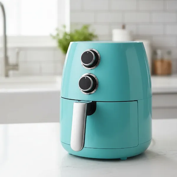 Dash Compact Air Fryer in a vibrant color, showing its small size and simple analog controls.