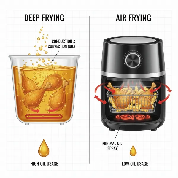 An illustration comparing deep frying and air frying mechanisms, highlighting oil submersion versus hot air circulation.