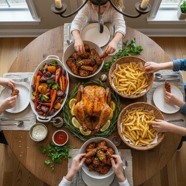 A spread of various delicious air-fried dishes, suitable for a large family meal