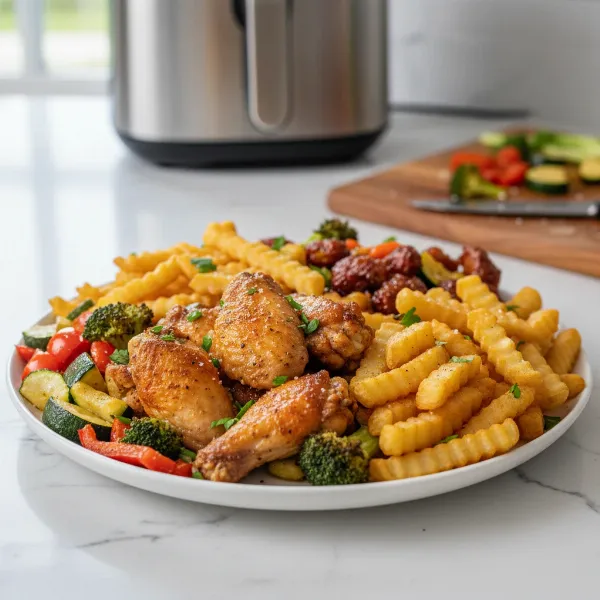 A plate with various crispy air-fried foods like chicken wings, fries, and vegetables.