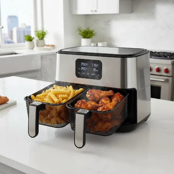 Dual-basket air fryer cooking two different foods simultaneously, showcasing its versatility.