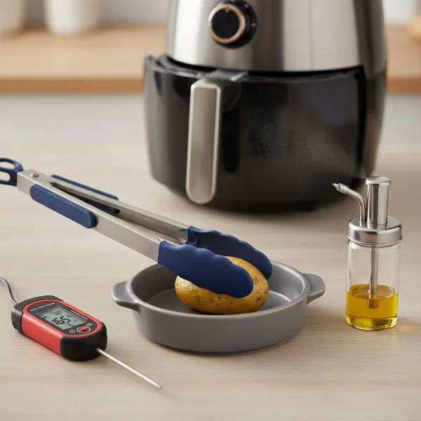 Essential air fryer tools like silicone tongs, an oil mister, and a meat thermometer, promoting safe cooking.