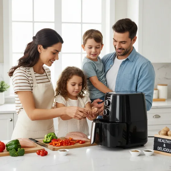 A family happily cooking together using an air fryer in a modern kitchen.