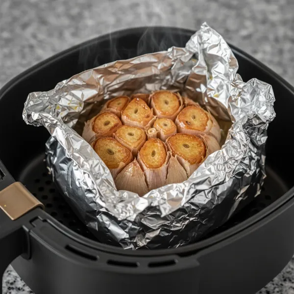 Foil-wrapped garlic head, roasted to perfection in an air fryer, showing tender cloves.