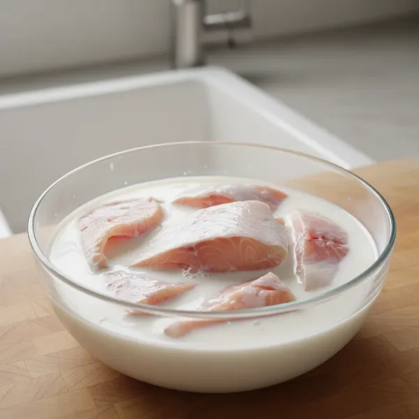Fresh fish fillets soaking in a bowl of milk to reduce "fishy" odor before air frying.