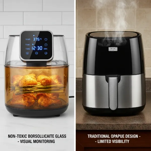 Transparent glass air fryer next to an opaque plastic air fryer basket, highlighting material differences.