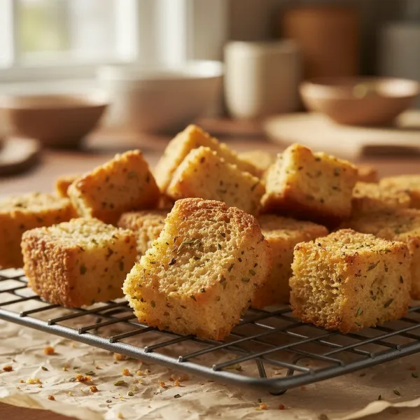 Golden brown, perfectly crispy air fryer croutons cooling on a wire rack, ready for use.