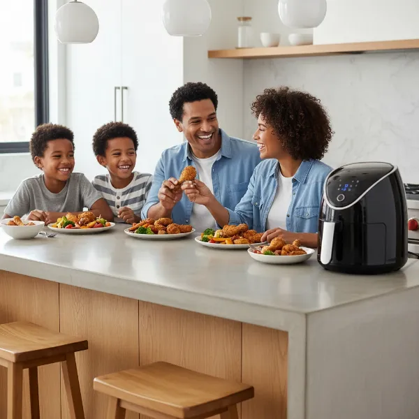 Happy family enjoying healthy air-fried meals prepared with a ceramic air fryer in a modern kitchen.