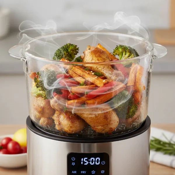 A glass air fryer cooking healthy, crispy food, highlighting safety and transparency.