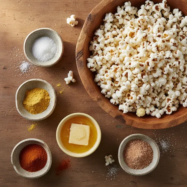 Freshly air-fried popcorn in a large bowl with various delicious seasonings ready to be added.