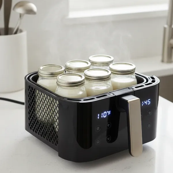 Glass jars of milk fermenting in an air fryer for homemade yogurt.