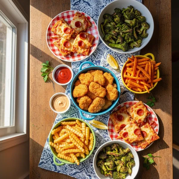 A vibrant display of assorted kid-friendly dishes cooked in an air fryer, like chicken nuggets and fries.