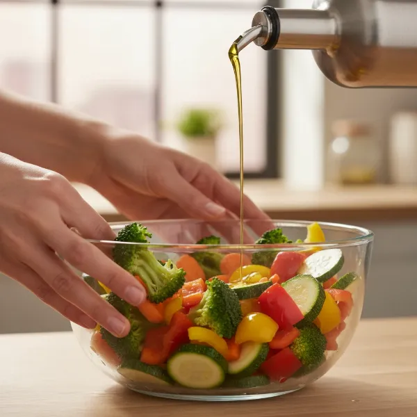 Hands tossing vibrant mixed vegetables with olive oil in a glass bowl, ensuring even coating.