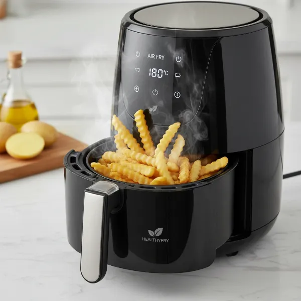 A sleek modern air fryer circulating hot air to cook crispy food with minimal oil.
