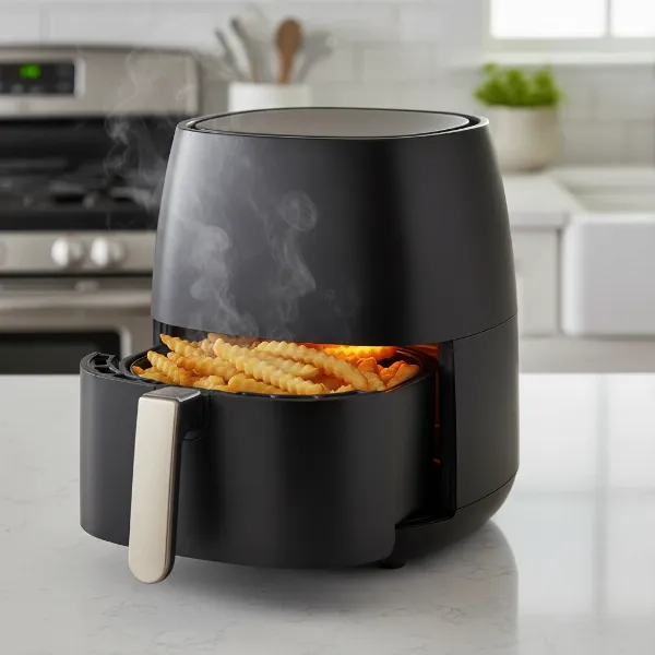 A modern air fryer circulating hot air to cook crispy, golden-brown french fries.