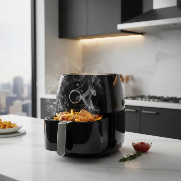 A sleek, modern air fryer on a kitchen counter, circulating hot air to cook various foods.