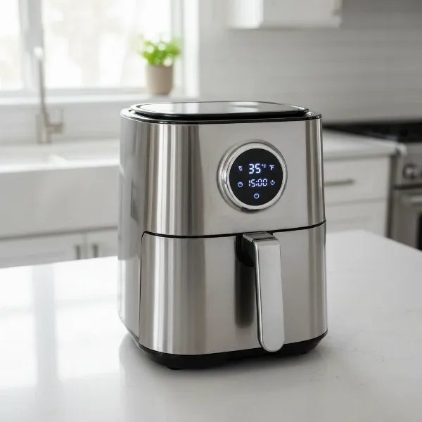 A sleek, modern stainless steel air fryer standing on a kitchen counter, clean and ready for use.