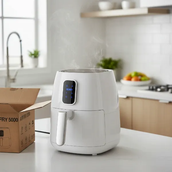 A brand new air fryer ready for its first use, illustrating initial manufacturing odors.