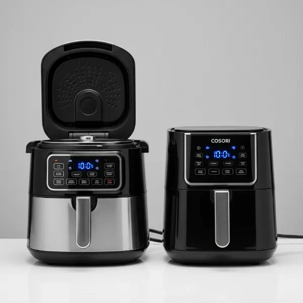 Side-by-side image of a sleek Ninja air fryer and a user-friendly Cosori air fryer for comparison