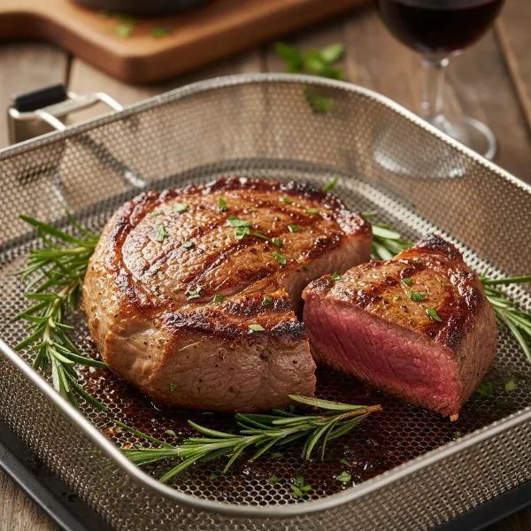 Close-up of a perfectly cooked medium-rare steak with a golden-brown crust