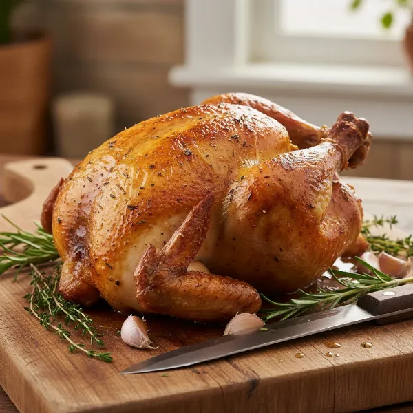 A perfectly roasted, golden-brown rotisserie chicken resting on a wooden cutting board with herbs.