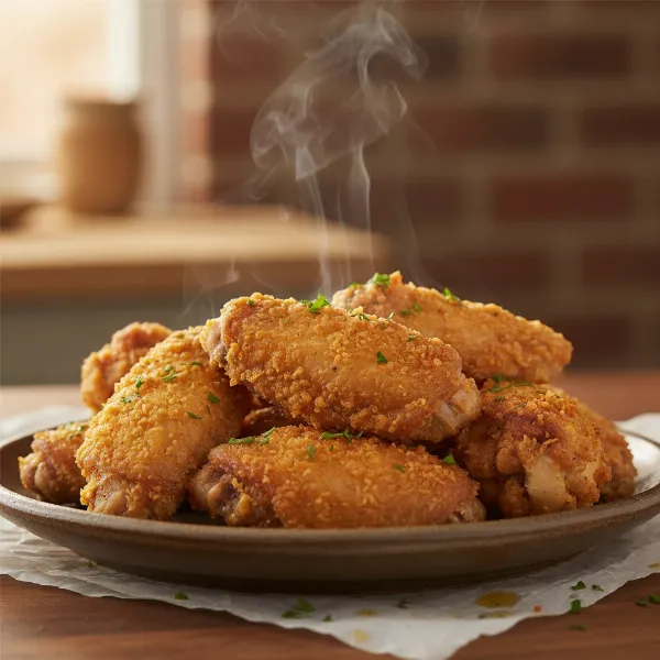Golden-brown, extra-crispy air fryer chicken wings garnished with parsley, served on a rustic plate.