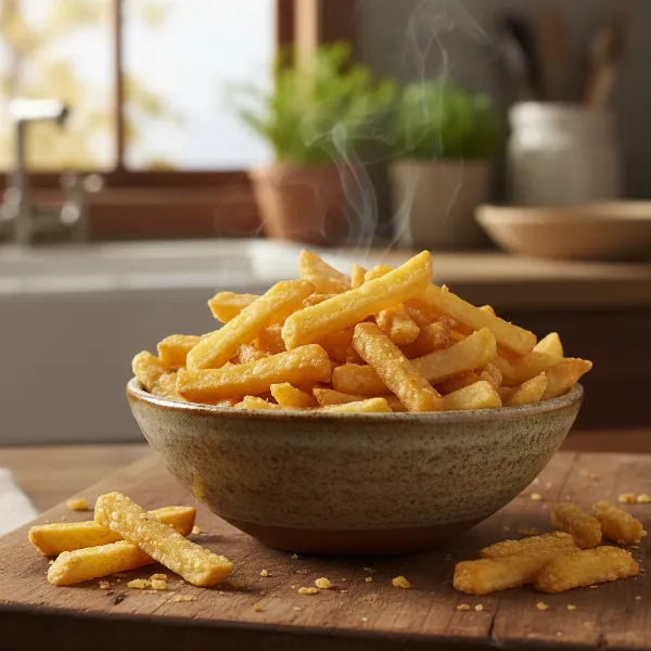 A pile of perfectly cooked, golden-brown crispy french fries in a bowl, steam rising gently.
