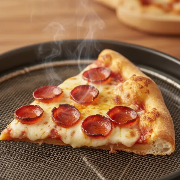 A perfectly reheated pizza slice with crispy crust and melted cheese