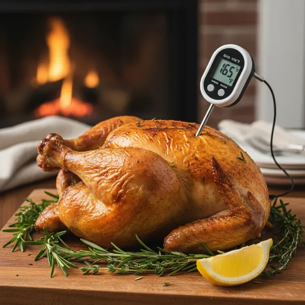 A perfectly roasted whole chicken with crispy golden skin, resting on a cutting board.