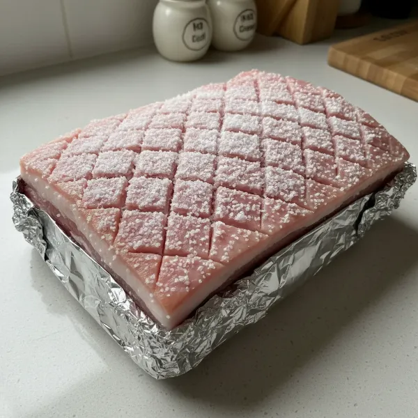 Raw pork belly skin scored and seasoned, wrapped in foil, ready for air frying.