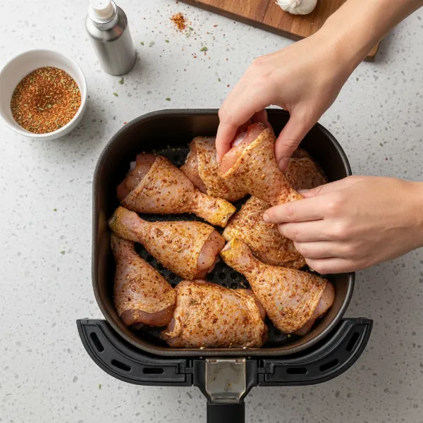 Hands arranging seasoned chicken pieces in a single layer within an air fryer basket.