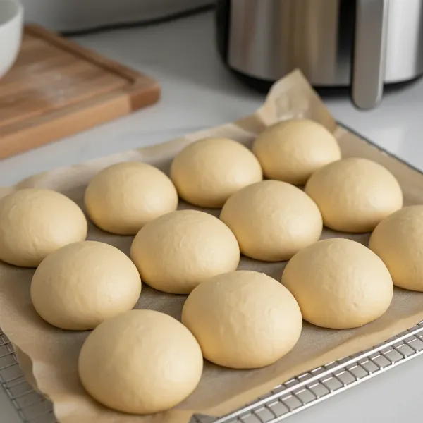 Light, puffy, yeast donut dough rounds rising on parchment paper, ready for air frying.