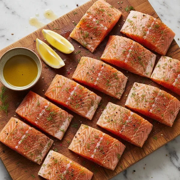 fresh salmon fillets seasoned with herbs and spices on cutting board