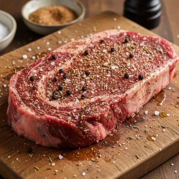 Raw steak seasoned with salt, pepper, and herbs, ready for air frying