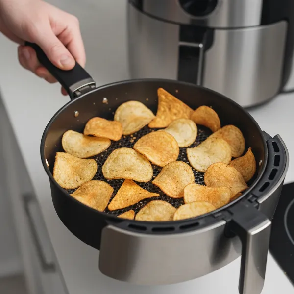 A hand gently shaking an air fryer basket filled with chips for even crisping.